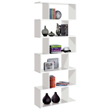 Estantería blanca de pared con seis compartimentos escalonados para libros y decoración
