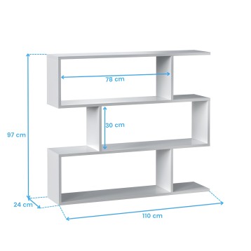 Estantería de pared blanca con tres compartimentos abiertos y diseño escalonado para almacenamiento