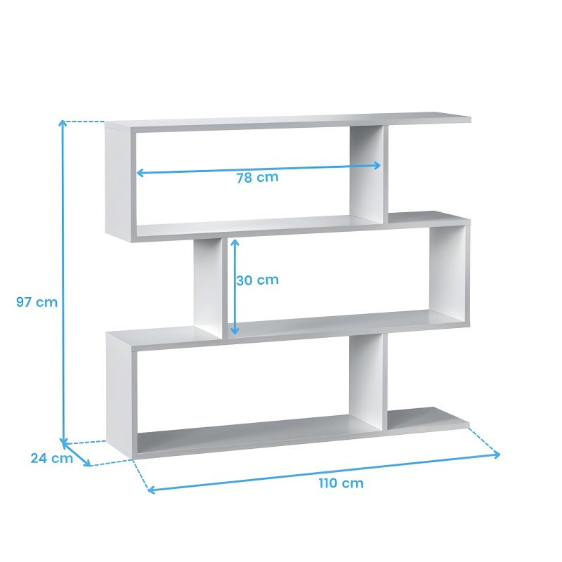 Estantería de pared blanca con tres compartimentos abiertos y diseño escalonado para almacenamiento