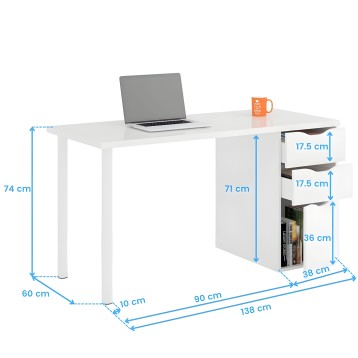 Escritorio blanco con cajones laterales y tablero amplio ideal para workspace y estudio