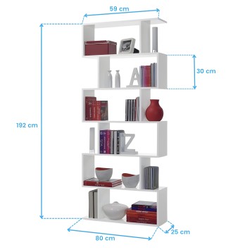 Estantería blanca escalonada con seis niveles para libros y objetos decorativos