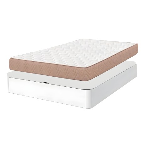 Cama con base blanca y colchón de espuma blanca y núcleo viscoelástico beige con acolchado diagonal