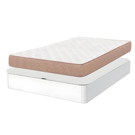 Cama con base blanca y colchón de espuma blanca y núcleo viscoelástico beige con acolchado diagonal