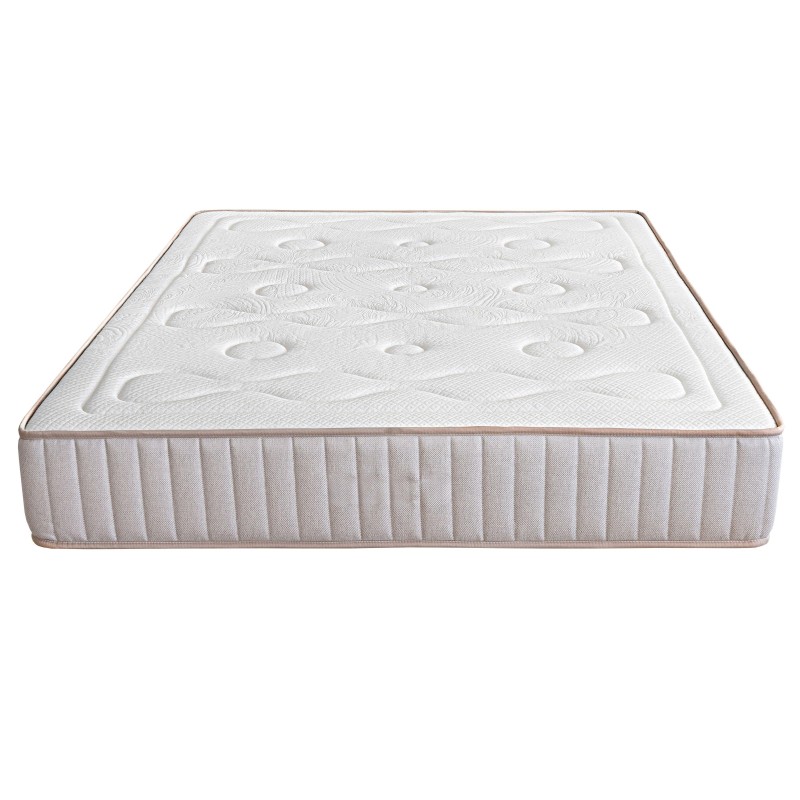 Colchón acolchado blanco con borde beige y superficie ergonómica con orificios de ventilación