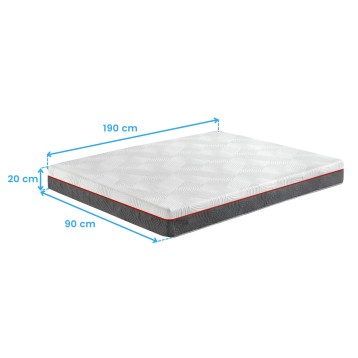 Colchón viscoelástico capas blanco y gris con borde rojo vista angular y dimensiones