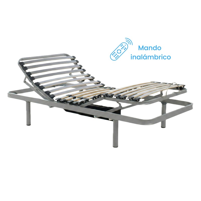 Cama articulada eléctrica de metal gris con cabecero y piecero ajustables y mando inalámbrico