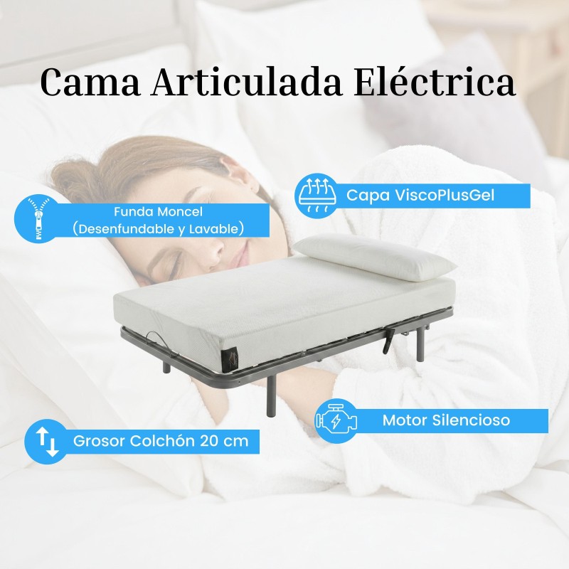 Cama articulada eléctrica blanca con colchón y almohada detalle de características técnicas