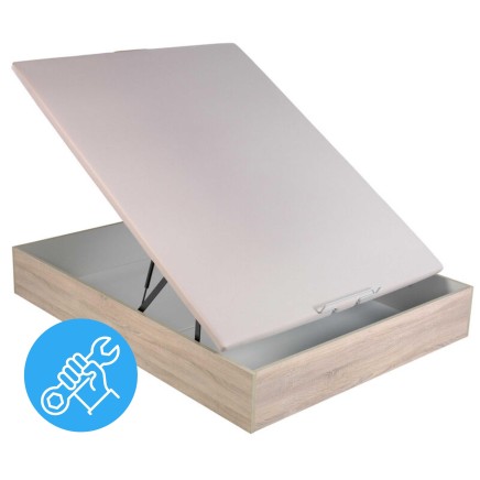 Canapé abatible con tapa tapizada beige y base madera clara con mecanismo regulable