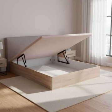 Cama con respaldo tapizado gris y estructura en madera clara con somier abatible y mecanismo elevable