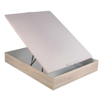 Canapé abatible con tapa acolchada beige y base en madera clara con compartimento de almacenaje