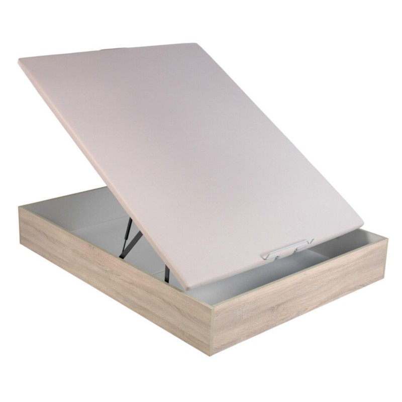 Canapé abatible con tapa acolchada beige y base en madera clara con compartimento de almacenaje