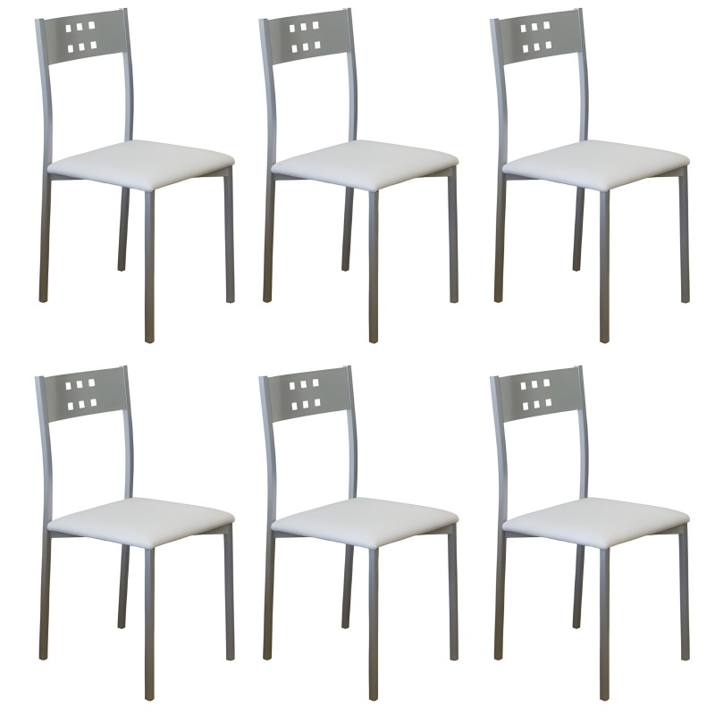 Sillas de comedor metálicas grises con respaldo perforado y asiento tapizado blanco