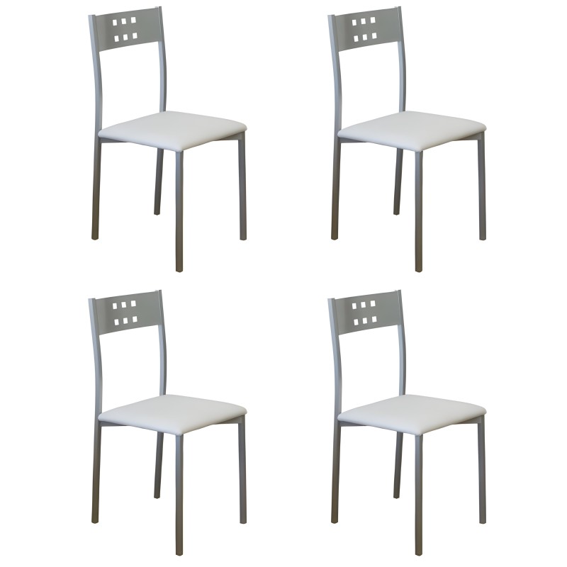 Juego de cuatro sillas de metal gris con asiento tapizado blanco y respaldo perforado
