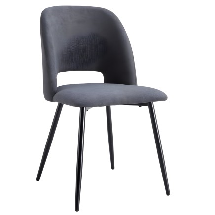 Silla de comedor tapizada en gris oscuro con respaldo redondeado y patas metálicas negras