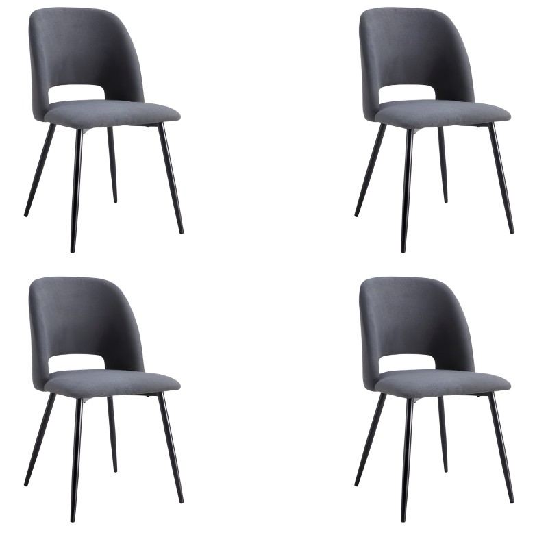 Juego de cuatro sillas de comedor tapizadas en gris oscuro con respaldo curvo y patas metálicas negras