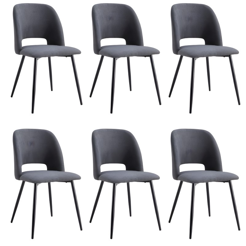 Juego de 6 sillas de comedor tapizadas en gris oscuro con respaldo redondeado y patas metálicas negras