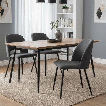 Conjunto de comedor con mesa rectangular tablero madera clara y patas negras y tres sillas tapizadas gris oscuro con estructura 