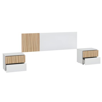 Dormitorio moderno con cabecero blanco y madera natural y dos mesitas laterales con cajones