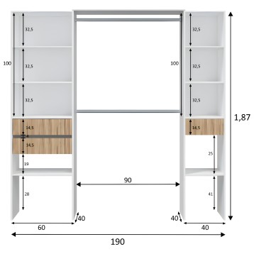 Armario modular blanco y madera con estantes laterales grises vista técnica frontal