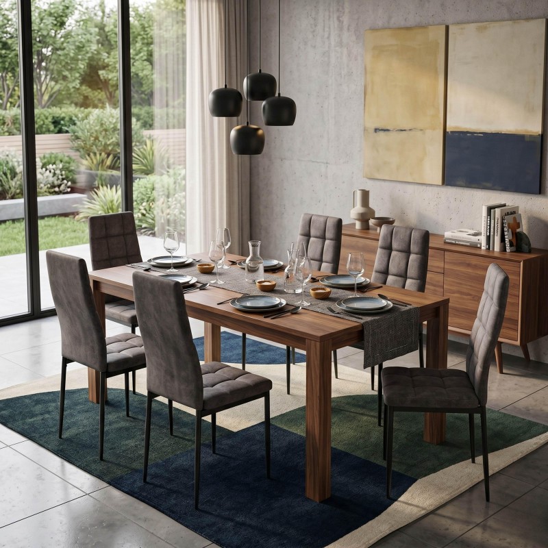 Comedor moderno con mesa de madera y sillas tapizadas grises en ambiente de vivienda contemporánea con vistas al jardín