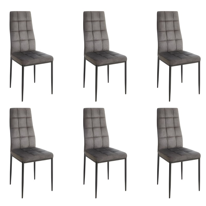 Silla de comedor tapizada gris oscuro con respaldo acolchado y patas metálicas negras set de 6 unidades