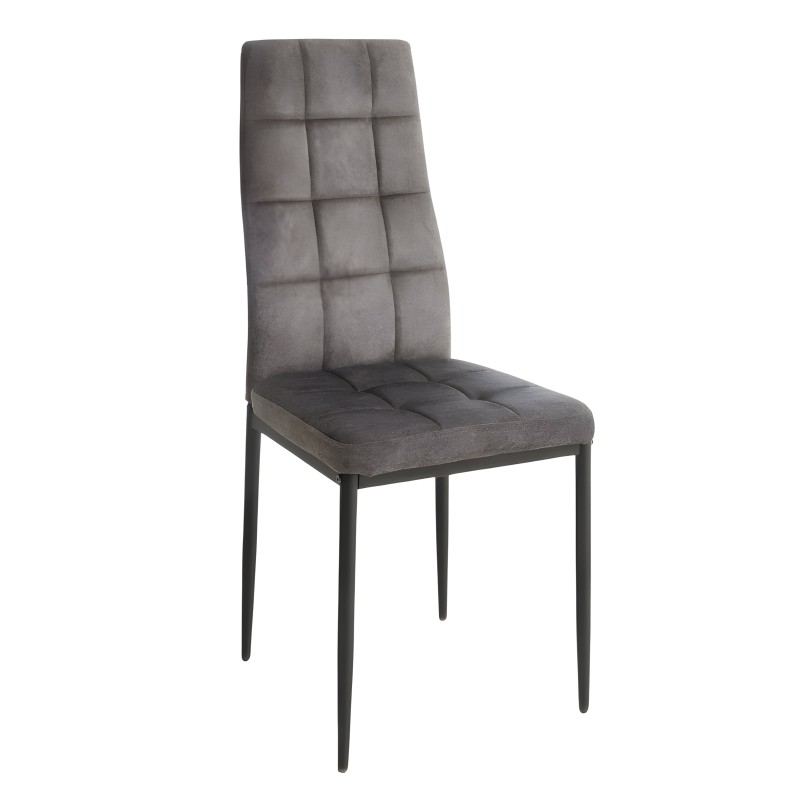 Silla de comedor tapizada en gris con respaldo acolchado y estructura metálica negra