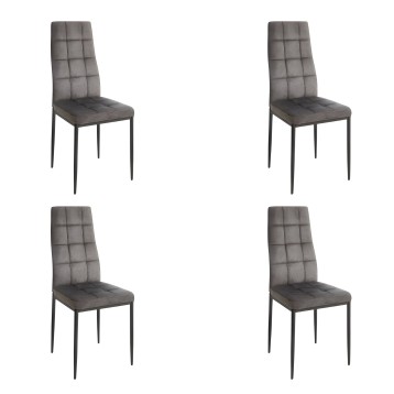 Silla de comedor tapizada en gris oscuro con respaldo acolchado y patas metálicas negras. Juego de cuatro unidades