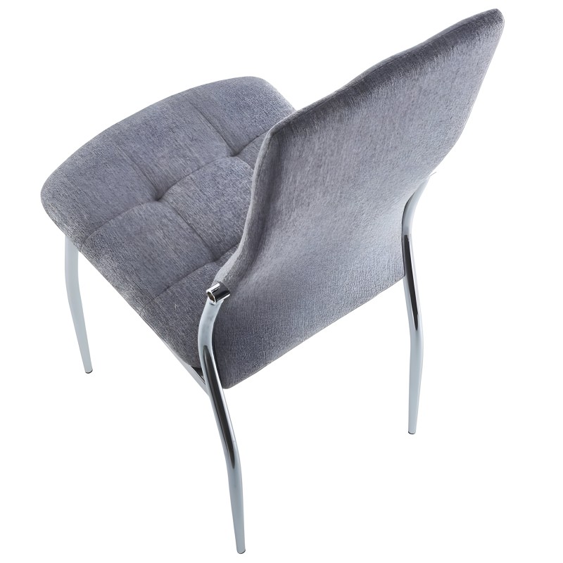 Silla con respaldo curvo tapizada en tela gris y estructura metálica plateada vista superior