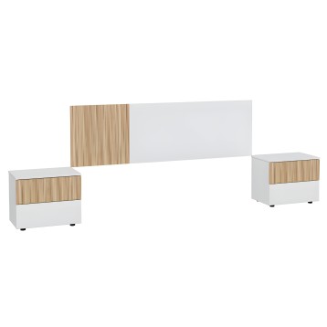 Dormitorio moderno con cabecero blanco y madera natural y dos mesitas de noche a juego