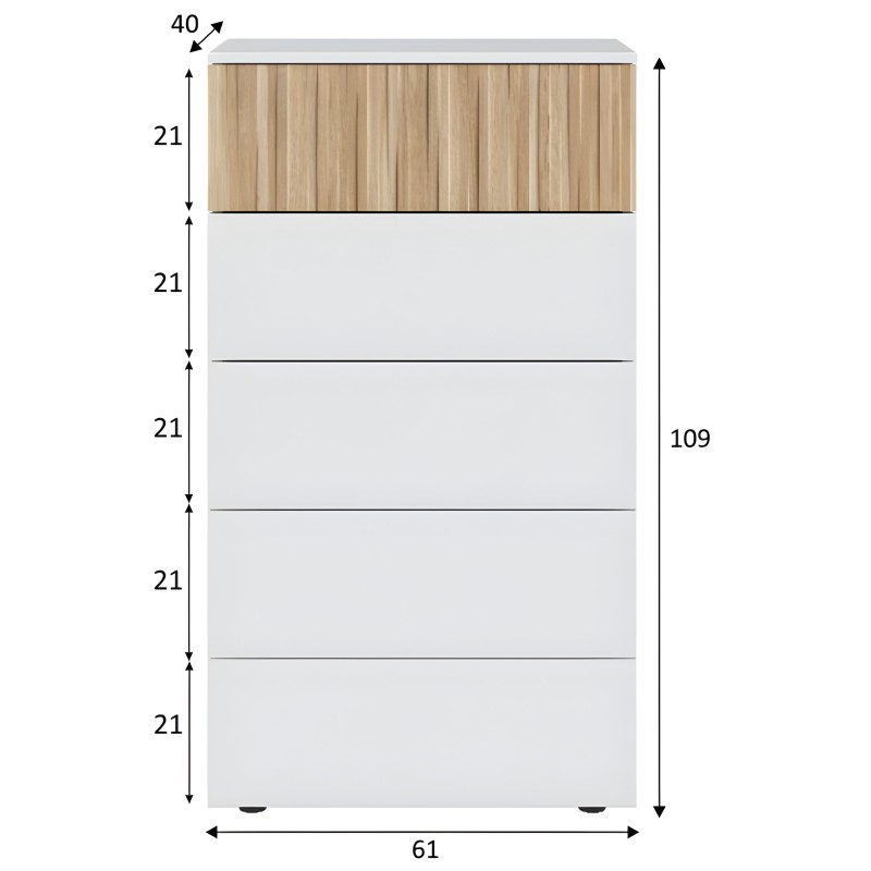 Cajonera de madera clara y gris con cinco cajones y tirador frontal en acabado minimalista