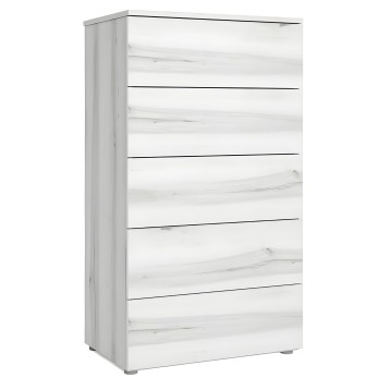 Cómoda blanca con seis cajones y tiradores negros en madera efecto mármol