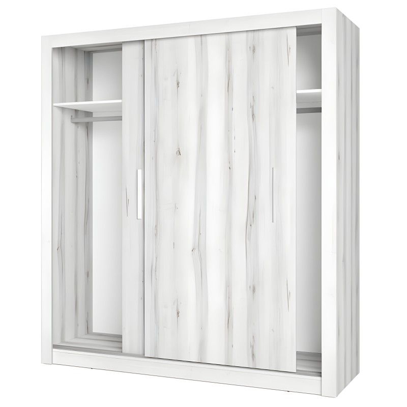 Armario con puertas correderas espejo y madera blanca con vetas grises y estantes interiores