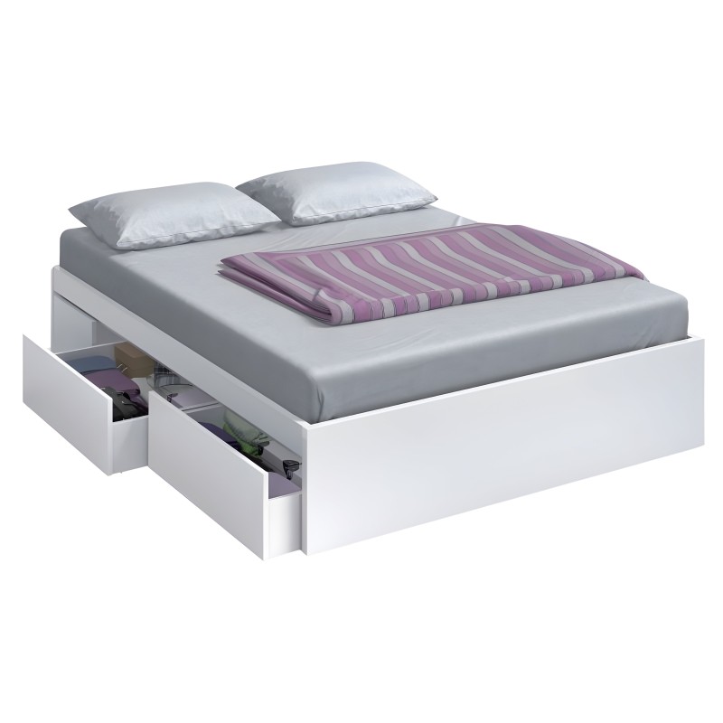 Cama blanca con cajones de almacenamiento y colchón gris con manta de rayas moradas y almohadas blancas