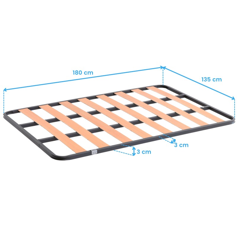 Base de cama metálica negra con láminas de madera y estructura reforzada vista en perspectiva