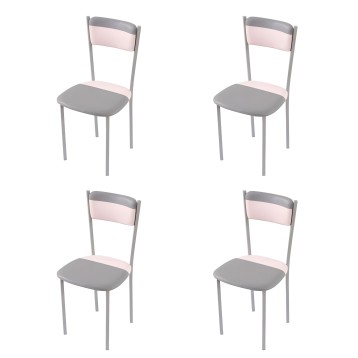 Juego de 4 sillas de comedor con estructura gris y asiento tapizado en gris y rosa