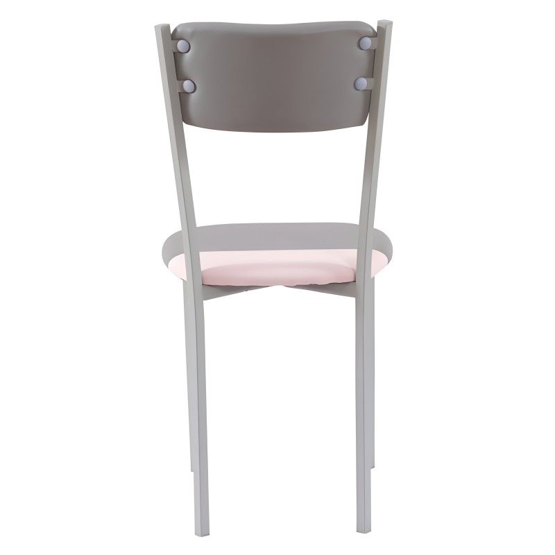 Silla de comedor con respaldo gris y asiento rosa en estructura blanca vista frontal