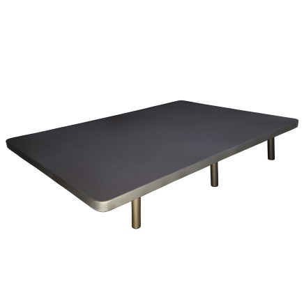Base tapizada gris oscuro con estructura metálica dorada y patas cilíndricas
