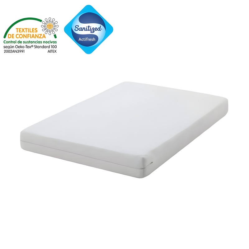 Colchón blanco con funda sanitizada Actifresh y certificación textil de confianza Oeko-Tex