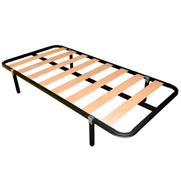 Cama individual de estructura metálica negra con somier de láminas de madera y patas regulables