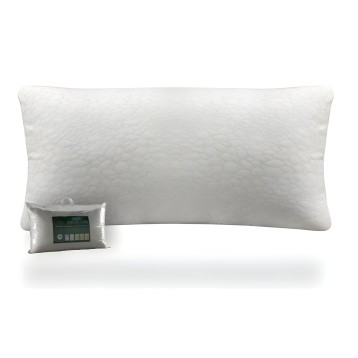 Almohada blanca acolchada rectangular con funda de protección y etiqueta informativa