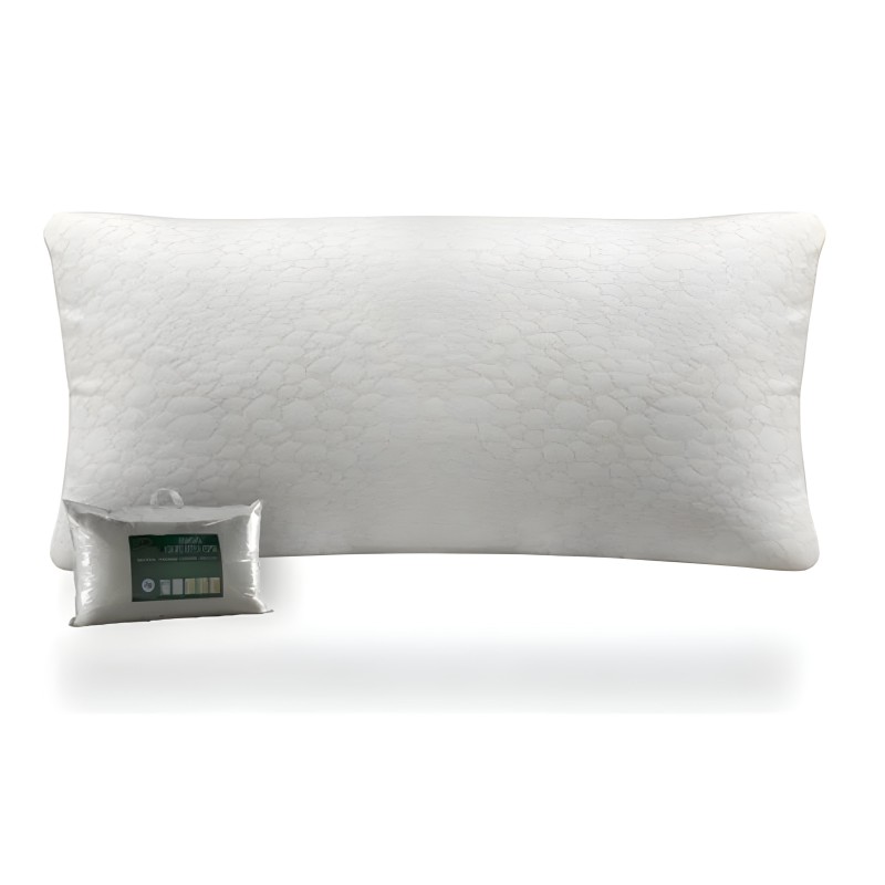 Almohada blanca acolchada rectangular con funda de protección y etiqueta informativa