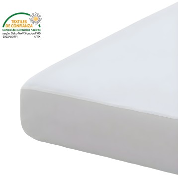 Sábana ajustable blanca de algodón con certificación textil de confianza y bordes redondeados