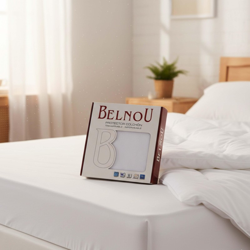 Protector de colchón Belnou blanco impermeable y transpirable sobre cama en dormitorio