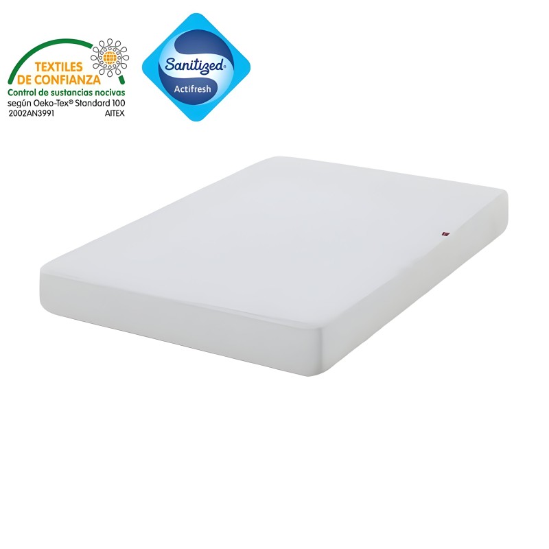Colchón rectangular blanco con funda sanitizada y textiles de confianza certificados