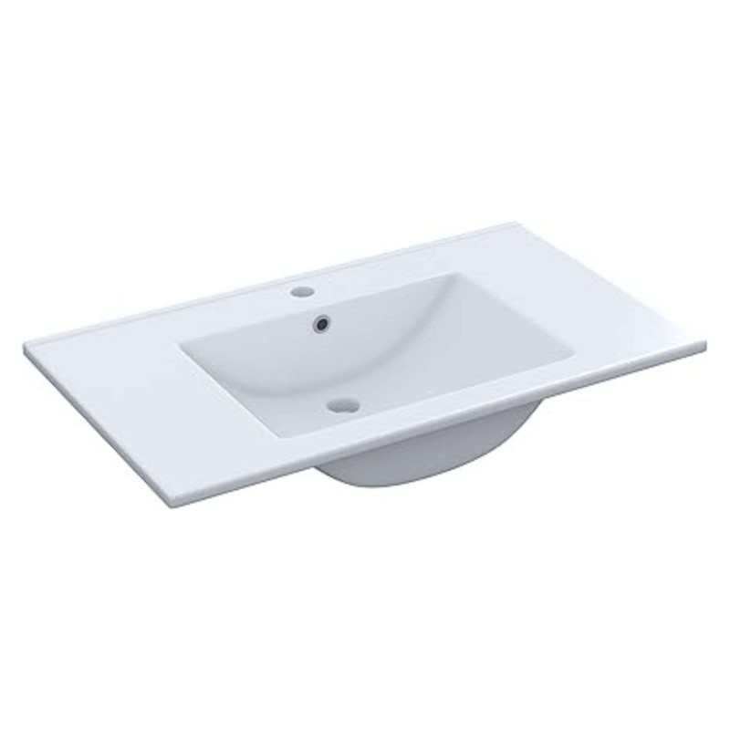 Lavabo blanco rectangular con cuenca central y encimera plana vista en perspectiva