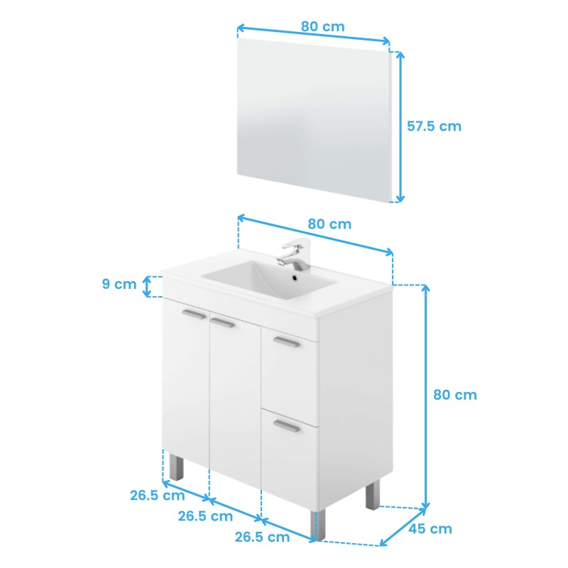 Mueble de baño blanco con lavabo integrado y espejo rectangular incluido