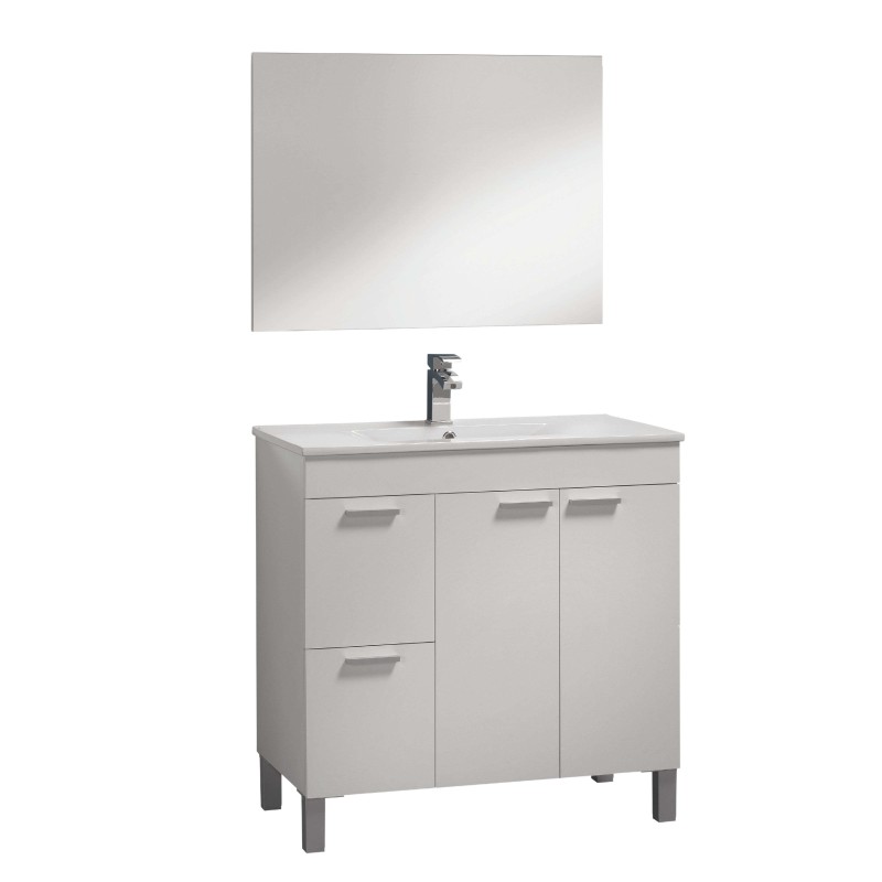 Mueble de baño blanco con lavabo integrado grifería negra y espejo rectangular incluido