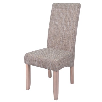 Silla de comedor con tapicería gris claro y respaldo alto sobre patas de madera natural