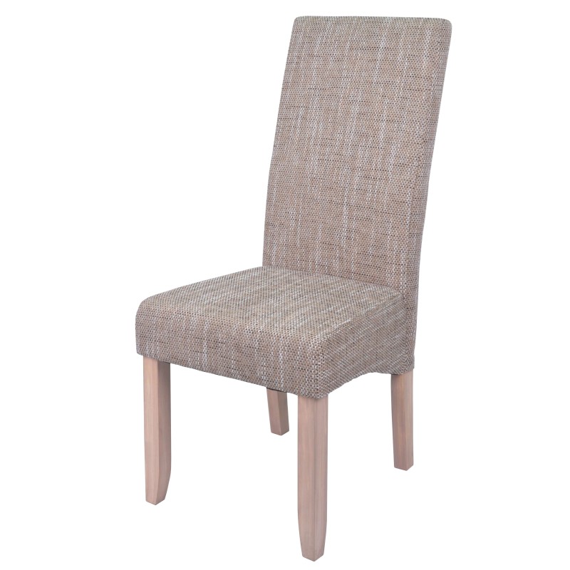 Silla de comedor con tapicería gris claro y respaldo alto sobre patas de madera natural