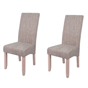 Pareja de sillas de comedor tapizadas en gris claro con respaldo alto y patas de madera